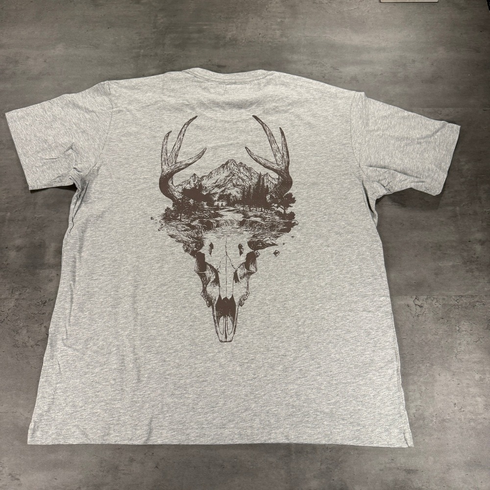 AttiFit T-Shirt L Deer Skull Mountain Graphic Gray Short Sleeve Ranch Cowboy